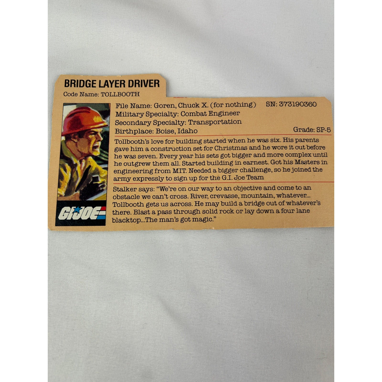 GI Joe Tollbooth Bridge Layer Driver v1 Figure Complete w/ Sledge and File Card
