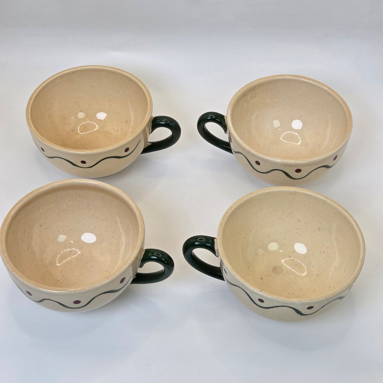 Vintage Metlox Poppytrail 4 Coffee Tea Cups California Pottery Set Green Handles