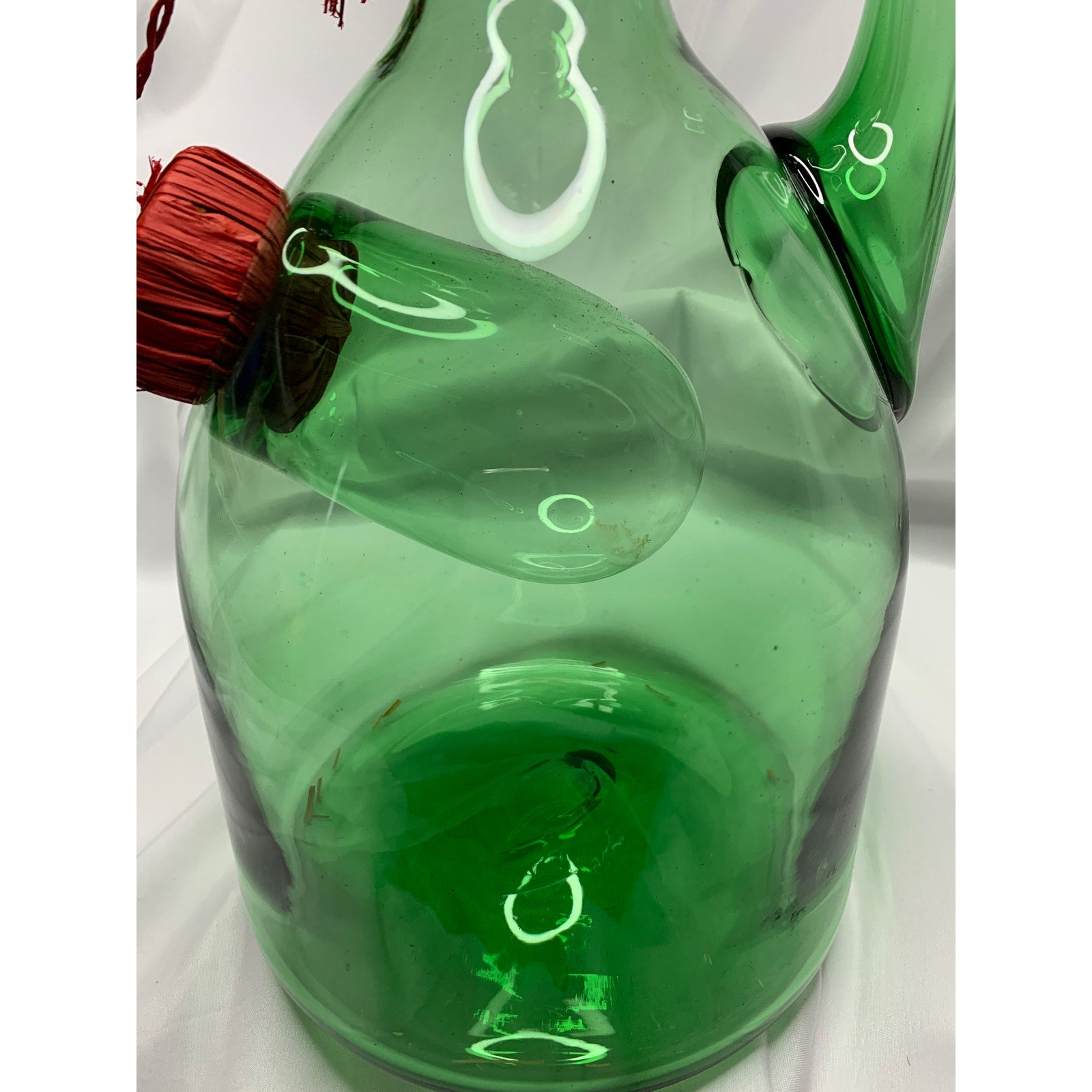 Vintage Italian Style Green Glass Wine Decanter Ice Chamber Raffia Stoppers