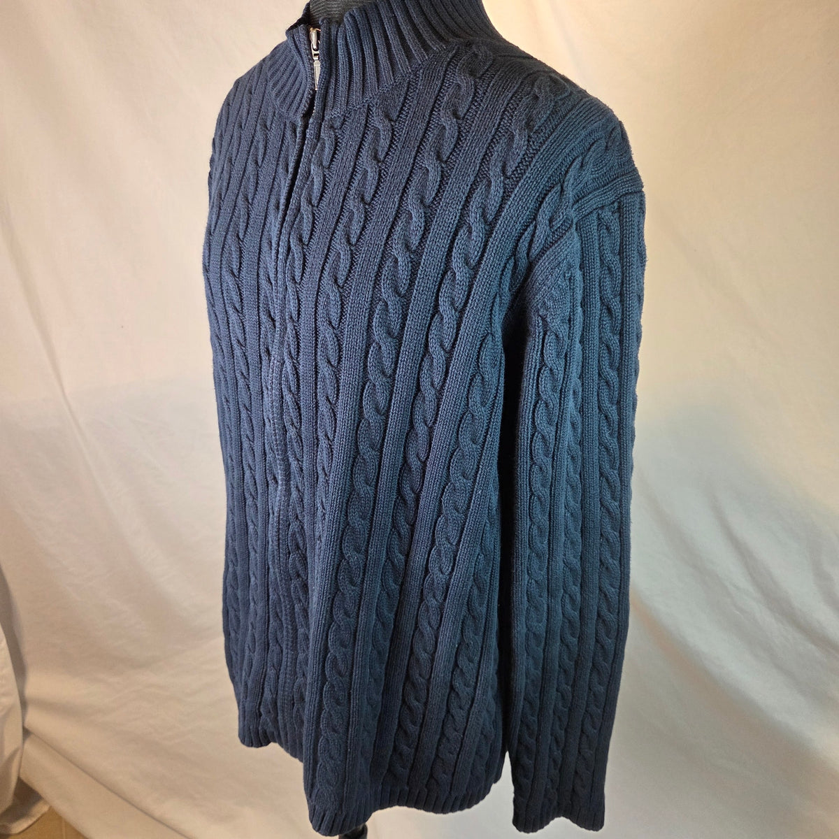 Vintage LL Bean Womens XL Cotton Cable Knit Full Zip Mock Neck Sweater Hong Kong