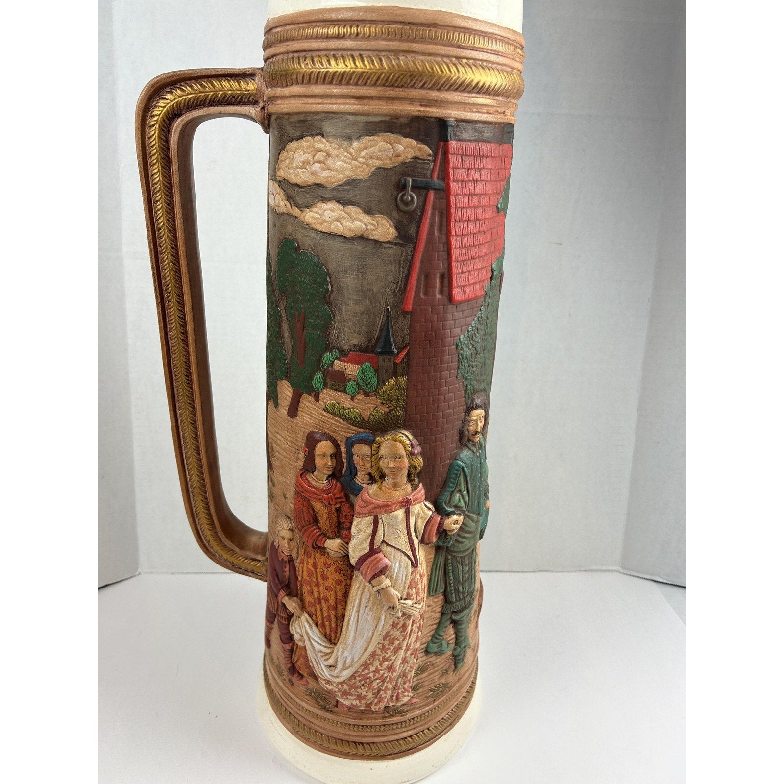 Vintage German Wedding Beer Stein 31" Tall Relief Scene Decorative Ceramic Mug