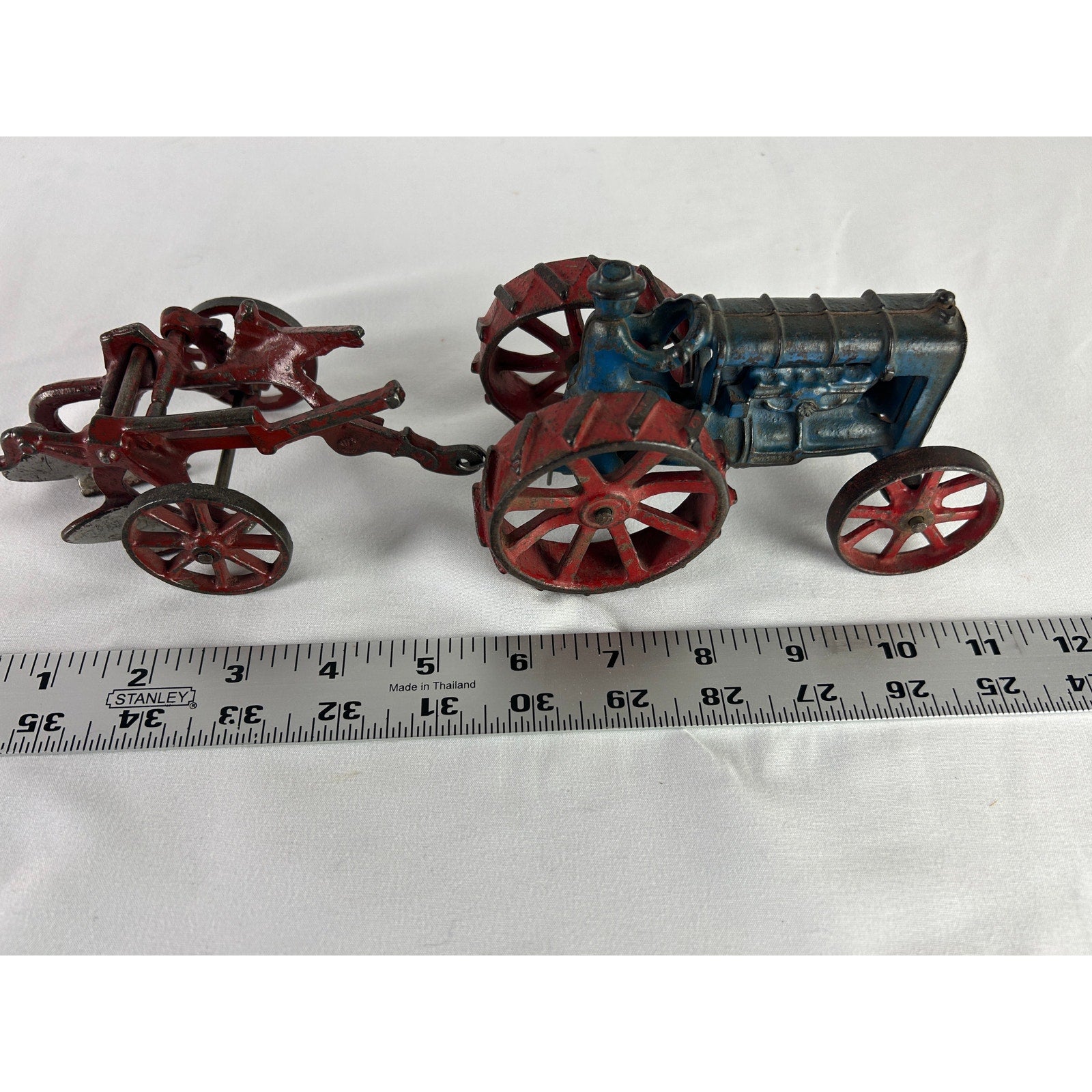 Vintage Arcade Cast Iron Farm Tractor and Plow Toy 1920s Era 11 in