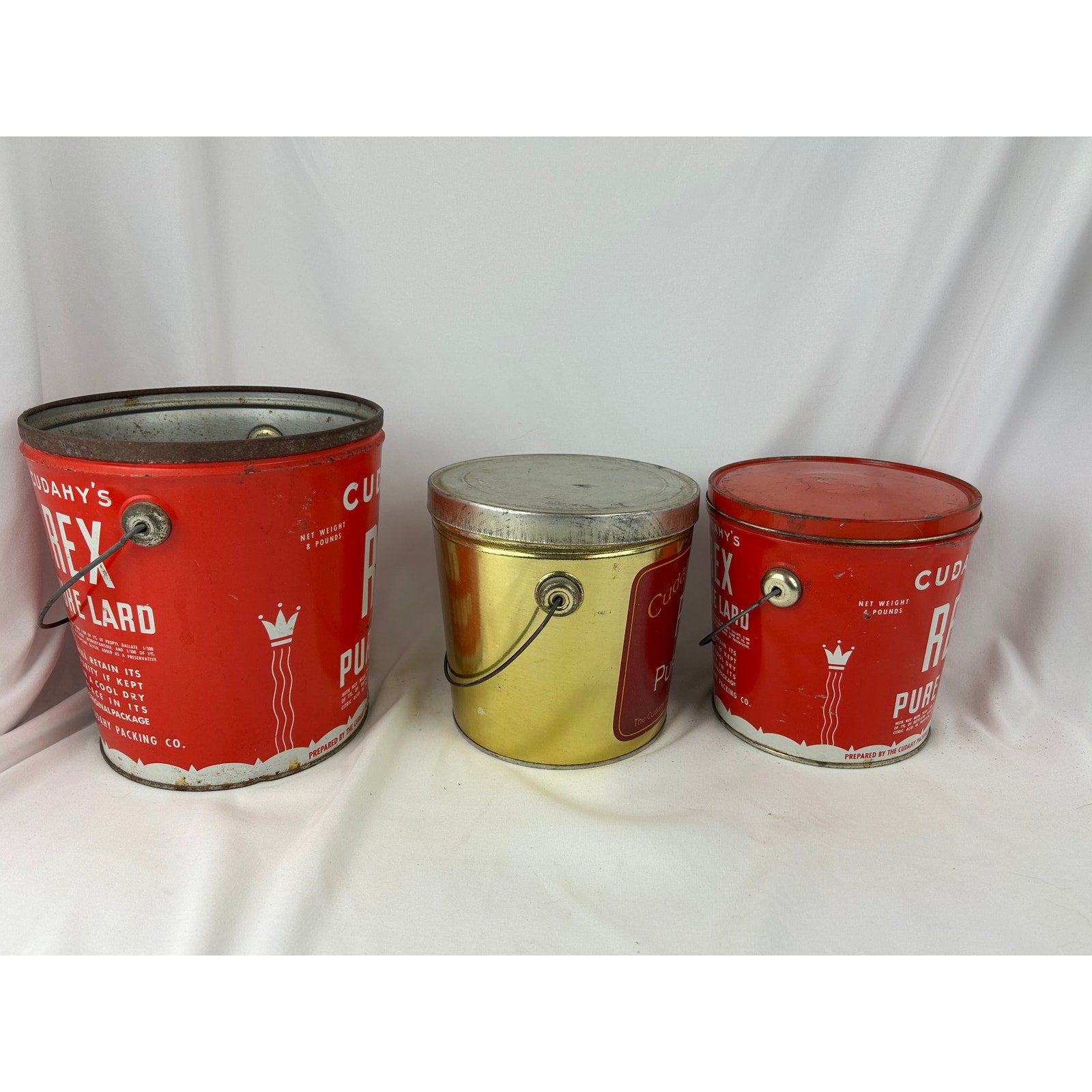Cudahy’s Rex Pure Lard Vintage Metal Container Tin Bucket Lot of 3- 4, 5 & 8 lb.