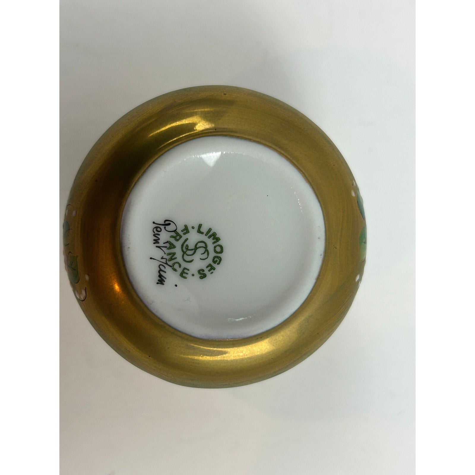 Limoges France Hand Painted Trinket Box Matte Gold Floral Round
