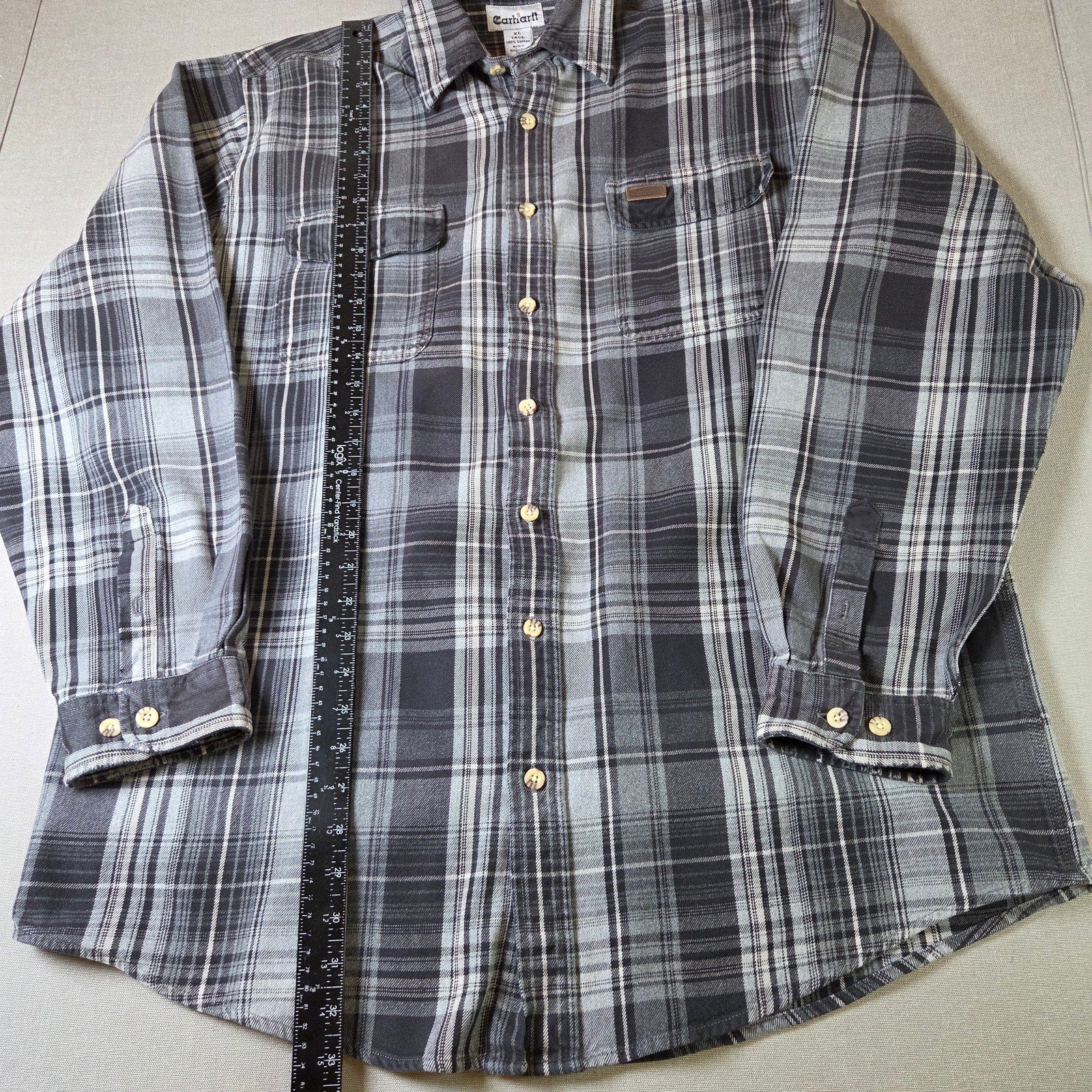 Carhartt XL Tall Heavyweight Plaid Flannel Work Shirt Gray 100% Cotton