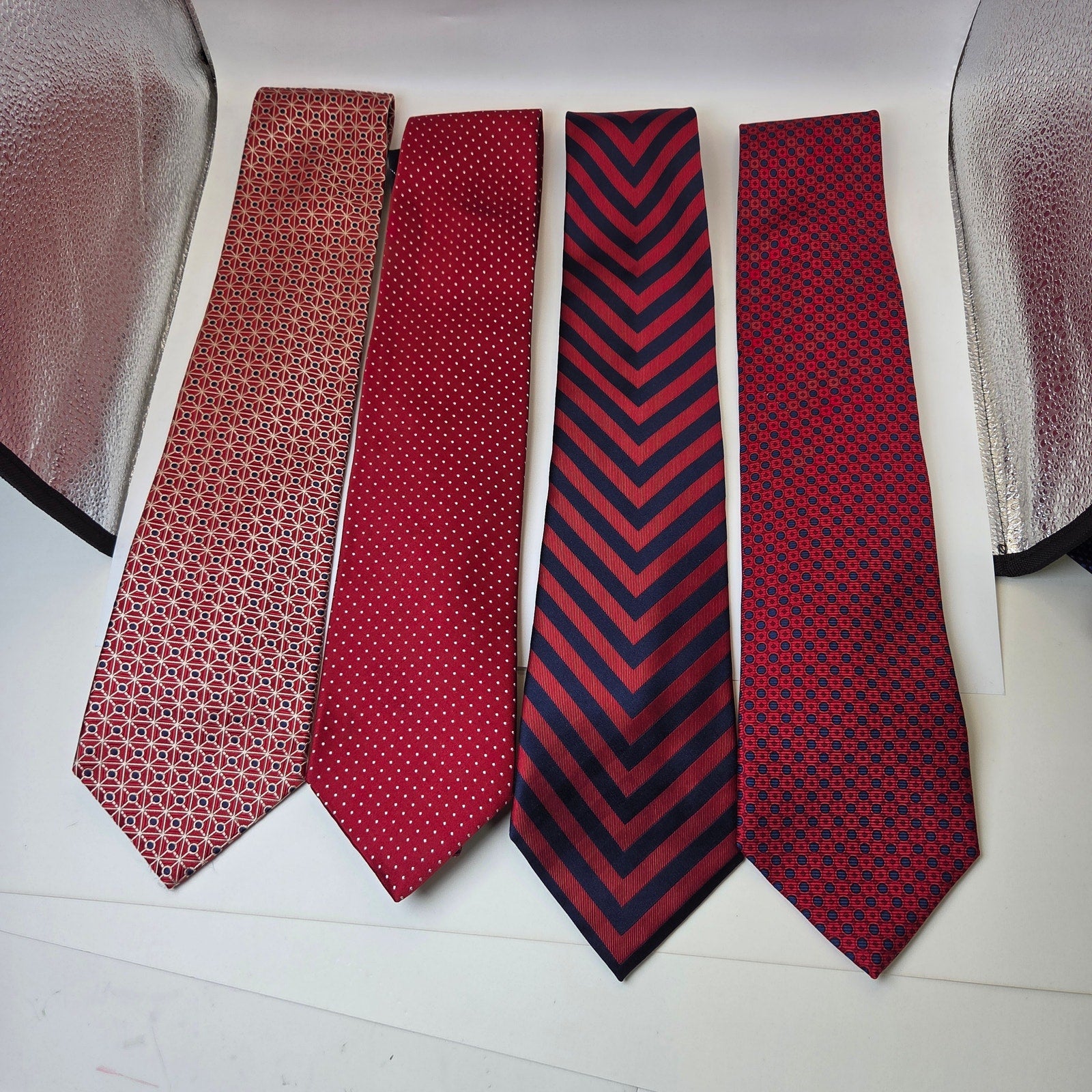 Tommy Hilfiger Red Silk Tie Lot 4 USA Striped Polka Dot Geometric Contrast Tips