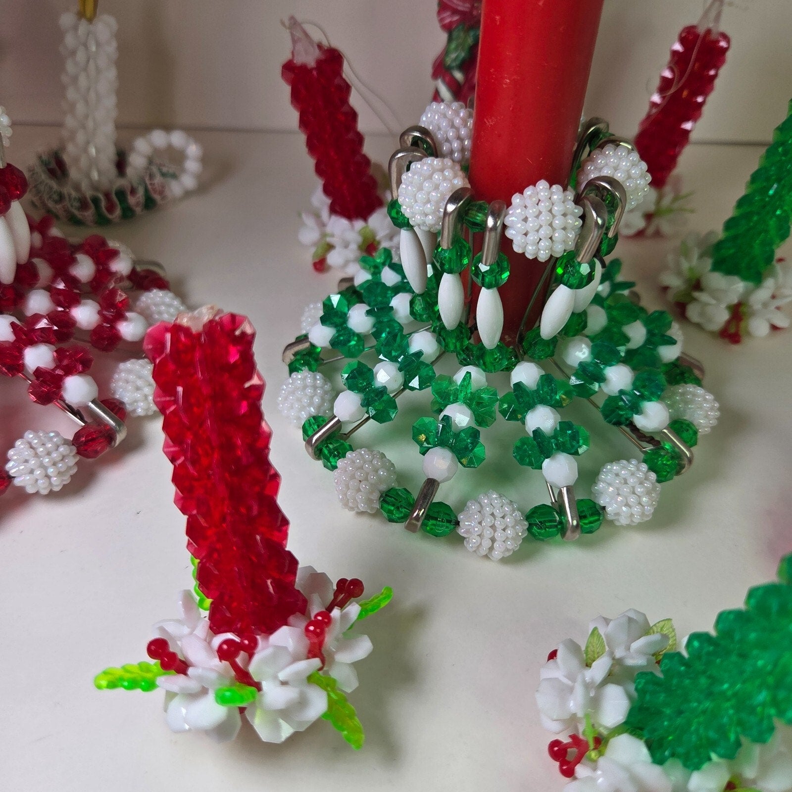 Vintage Beaded Christmas Candle Holders & Ornaments Lot of 13 + Candles