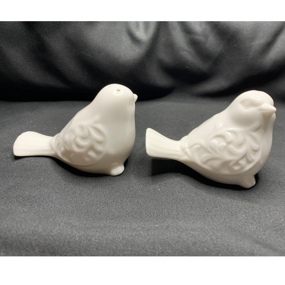 Pier 1 White Ceramic Bird Salt Pepper Shakers Embossed Scroll Design Set