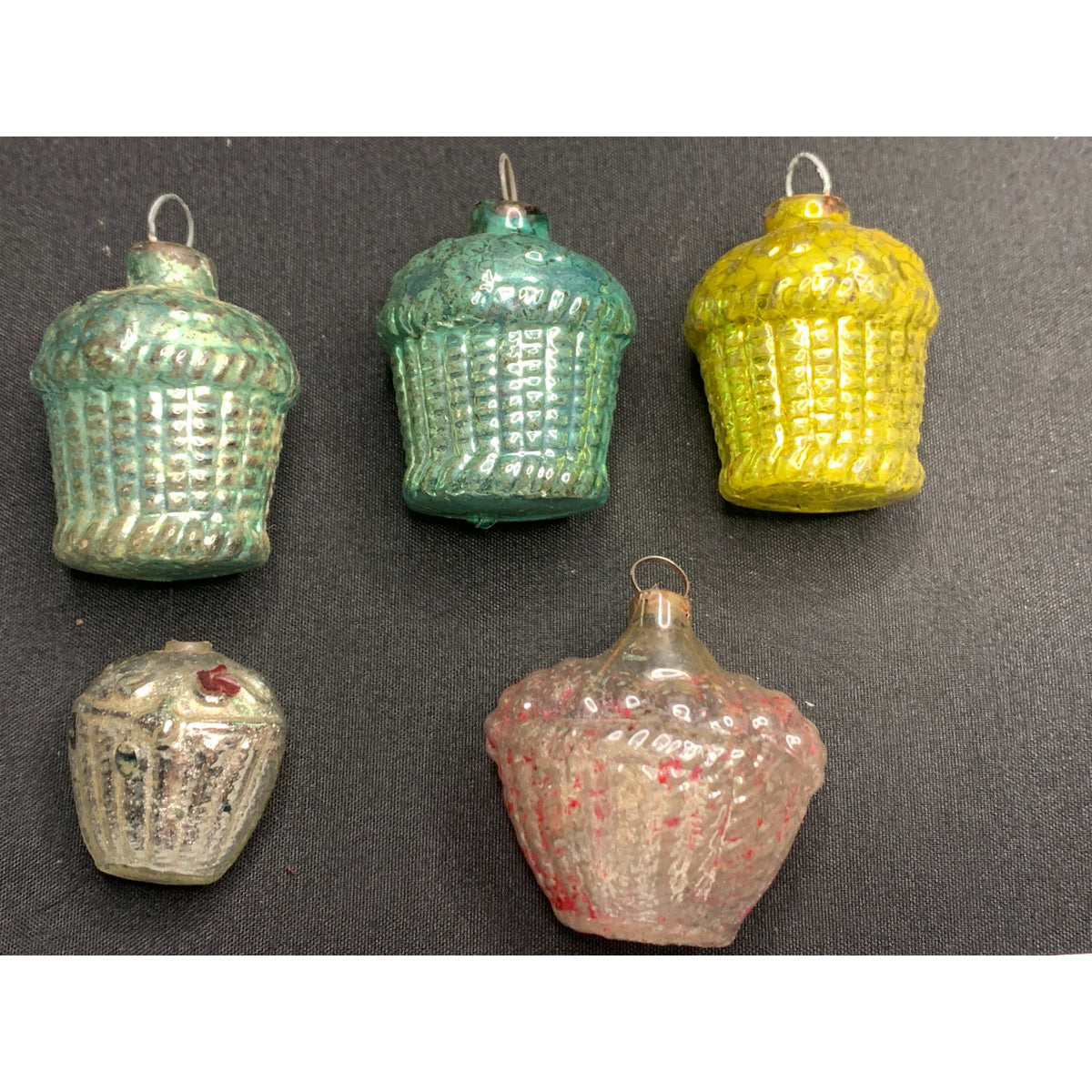 Vintage 1940s Feather Tree Glass Basket Christmas Ornaments Lot of 5