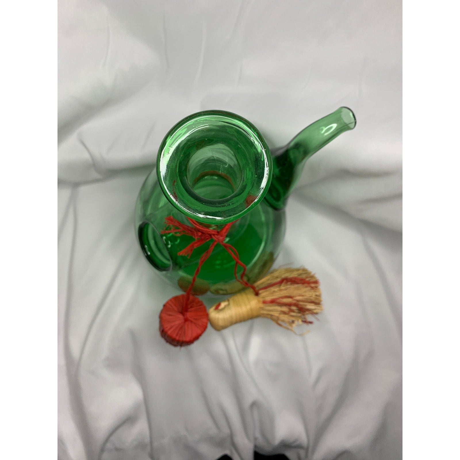 Vintage Italian Style Green Glass Wine Decanter Ice Chamber Raffia Stoppers