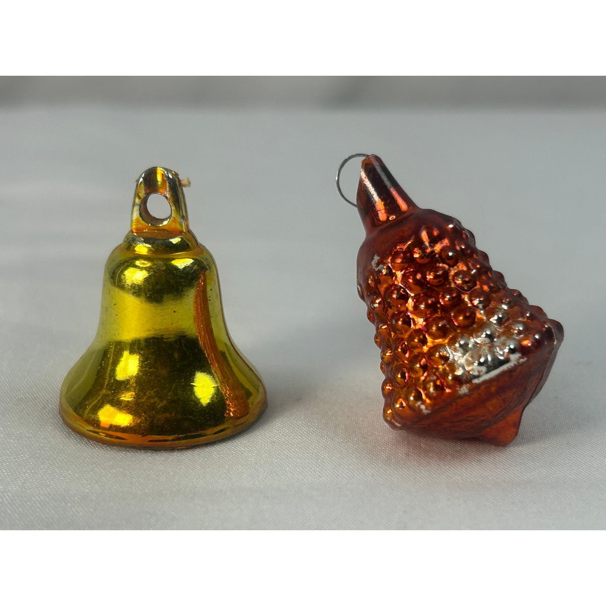 Vintage Glass Christmas Ornaments Bell And Fruit Basket Mercury Glass Pair