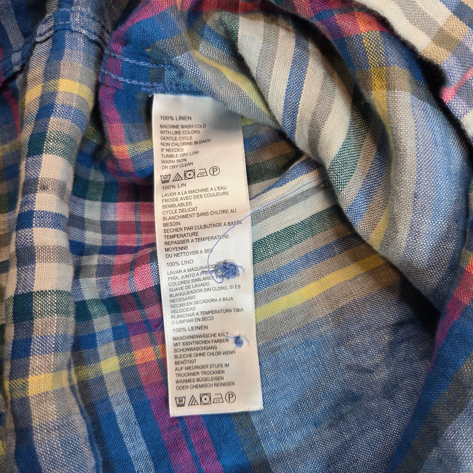 Tommy Bahama Linen Plaid Shirt XL Blue Button Up Marlin Logo Long Sleeve