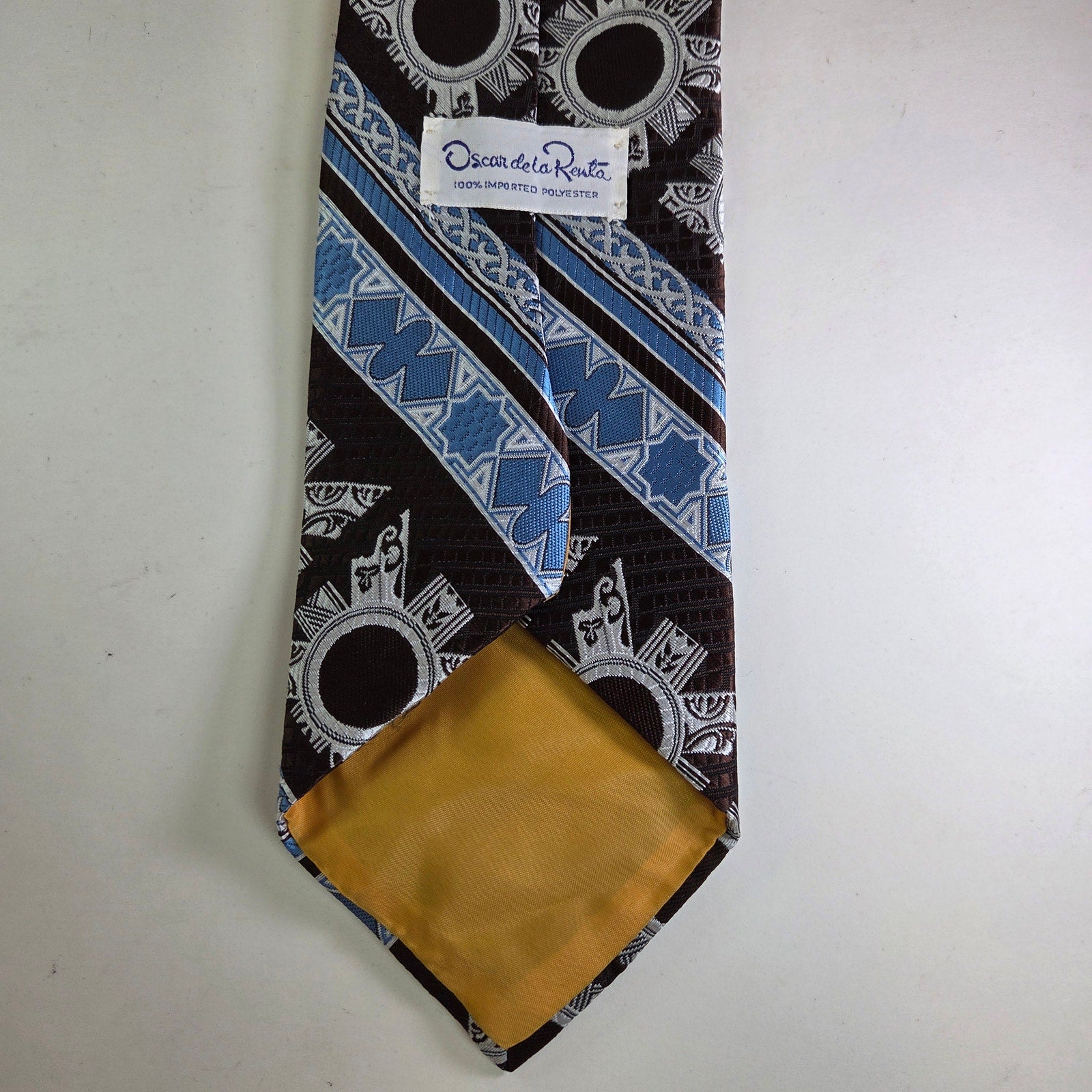Oscar de la Renta Brown Blue Geometric Tie 4" Wide Vintage Polyester
