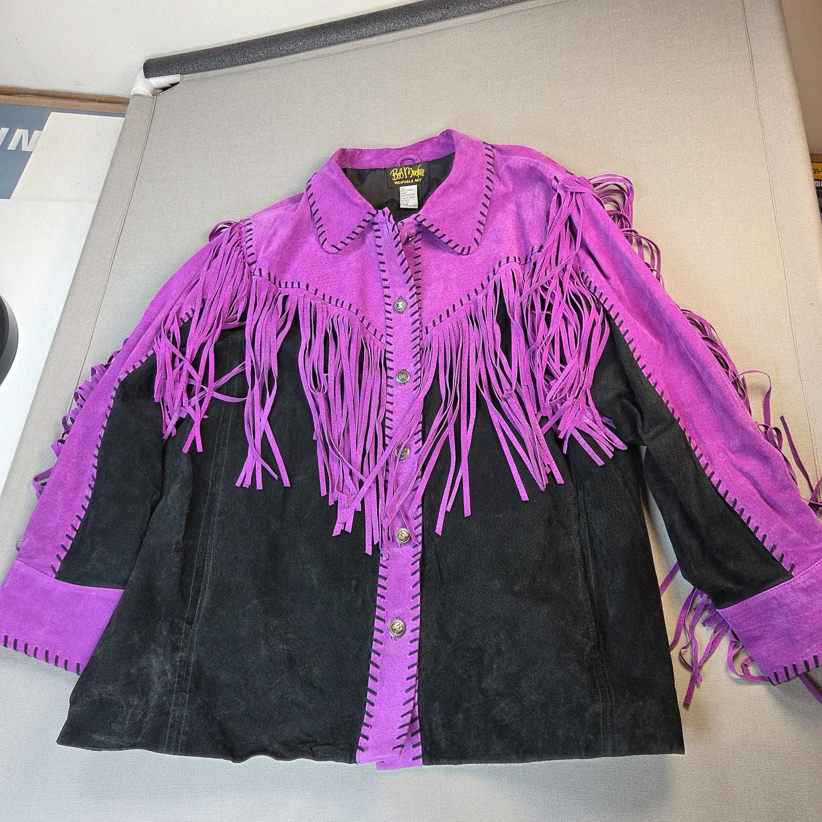 Bob Mackie Wearable Art 2X Leather Fringe Western Jacket Purple Black