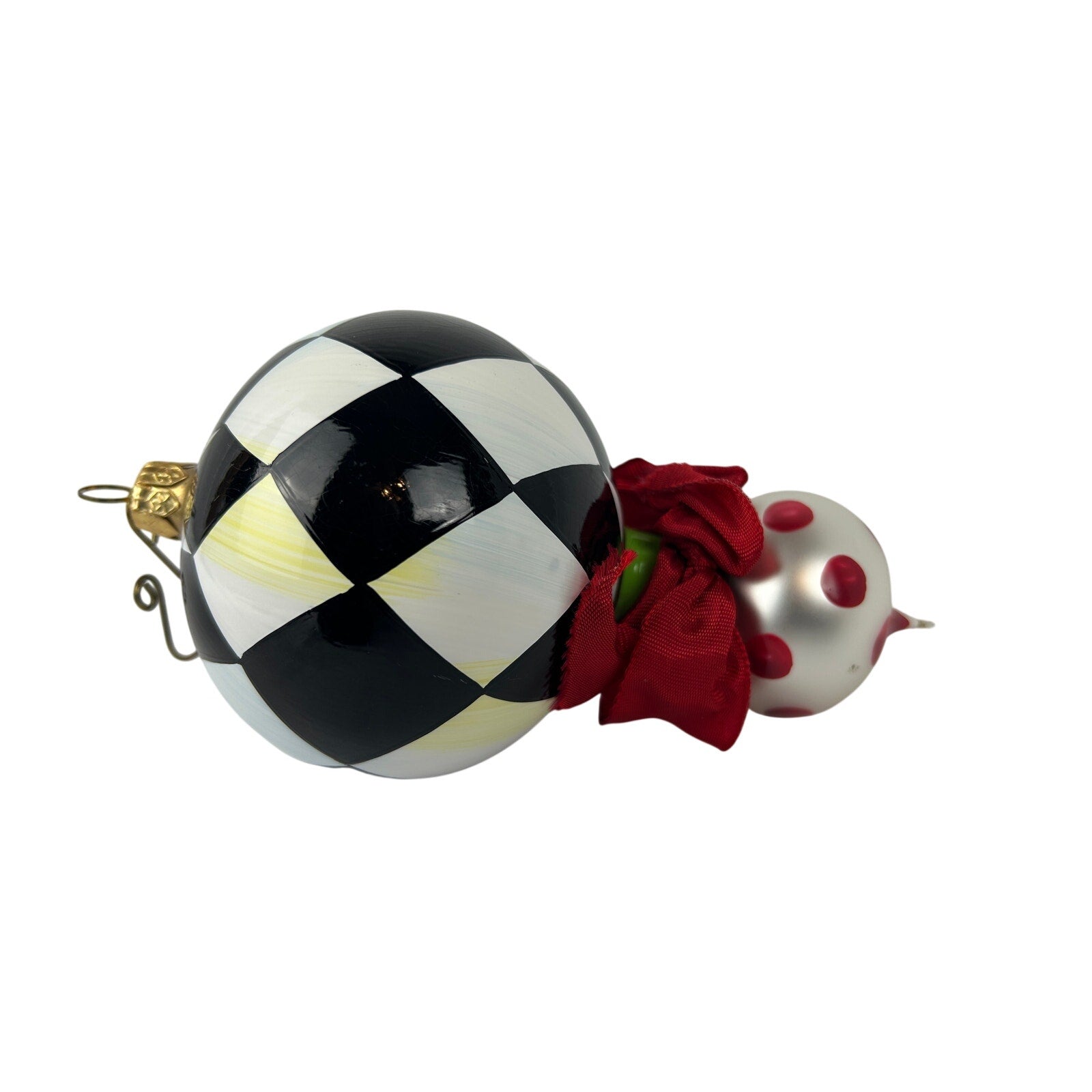 MacKenzie Childs Courtly Check Glass Ball Ornament Polka Dot Finial