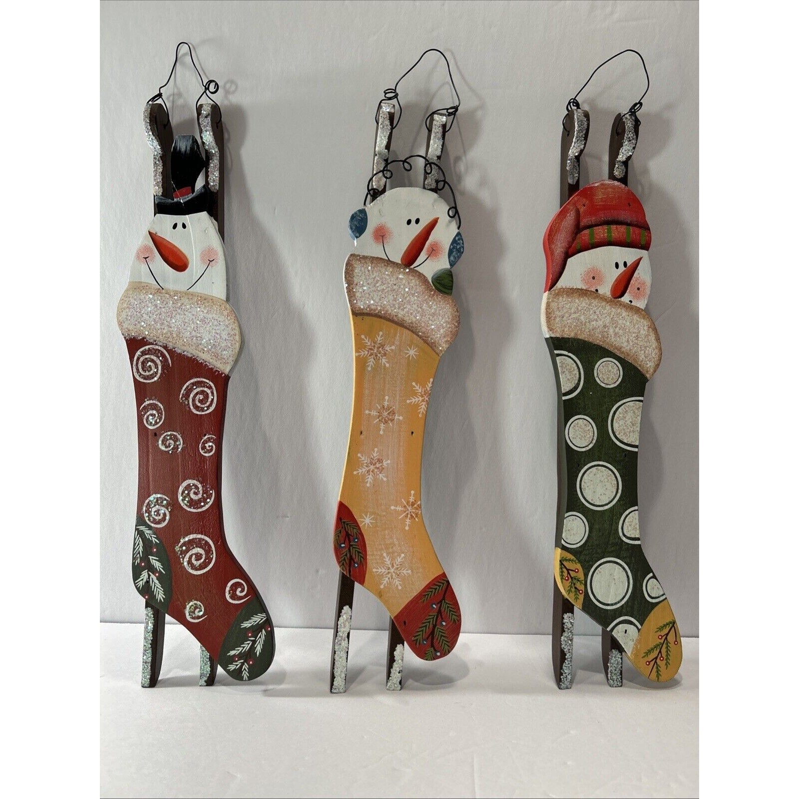 Wooden Christman Snowmen in Stocking Decorations