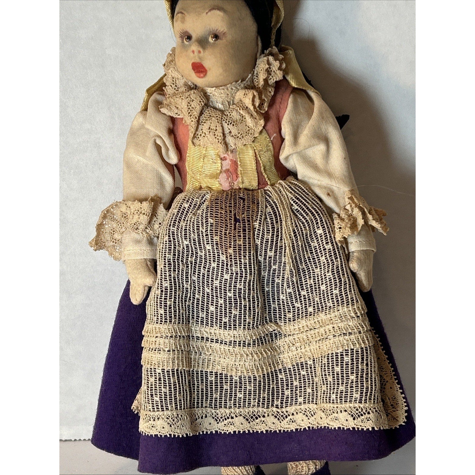 Antique Italian Lenci-Style Felt Doll w/ Flower Pot 11” Val Gardena c.1920s
