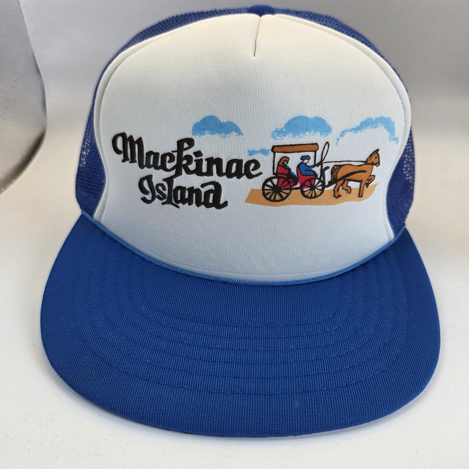 Vintage Mackinac Island MI Trucker Hat Foam Mesh Snapback Taiwan R.O.C. Blue