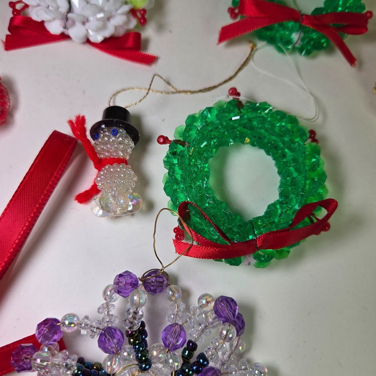 Vintage Handmade Beaded Christmas Ornaments Lot – Wreaths, Birds, More