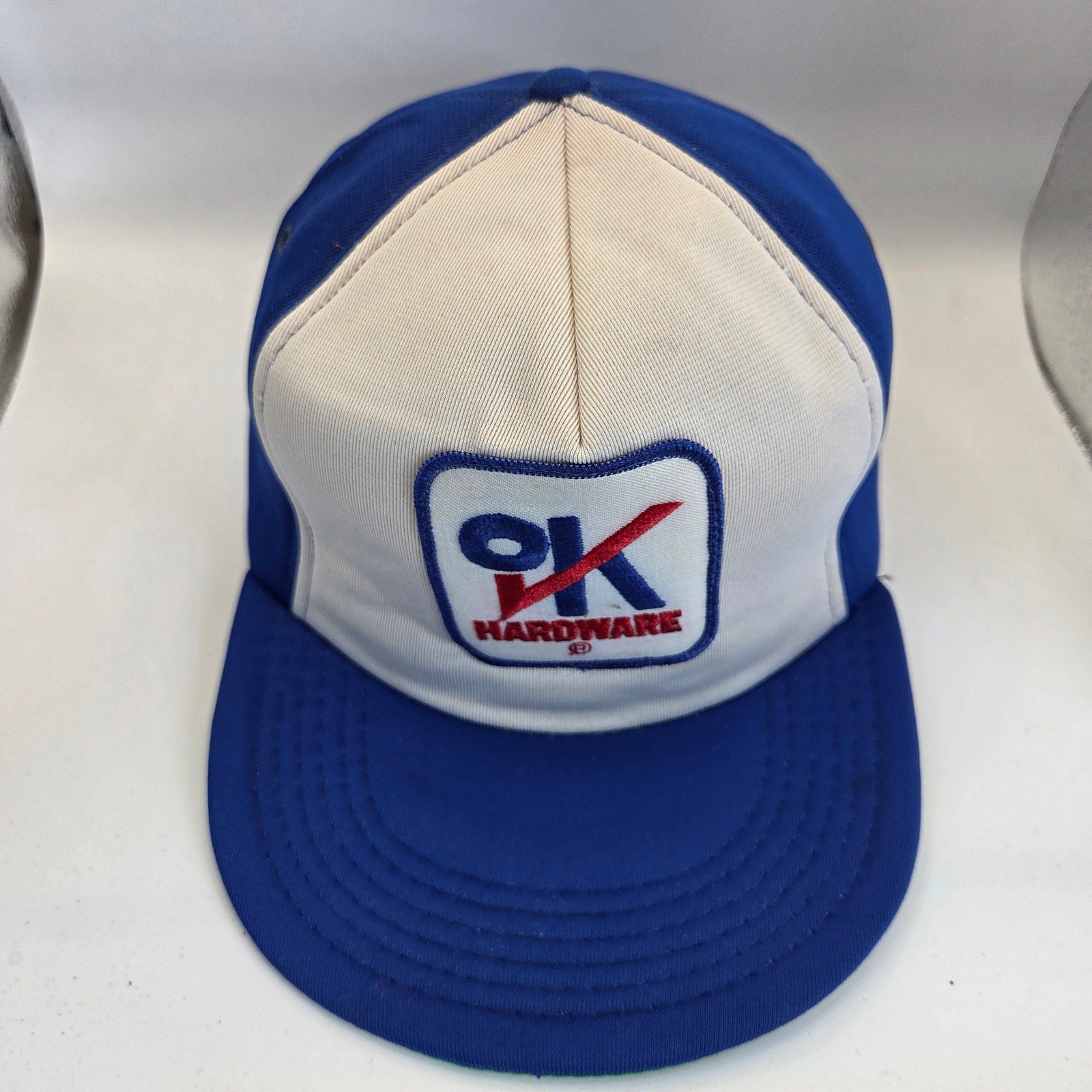 Vintage OK Hardware All Foam Snapback Hat OSFA Blue White Promotional Cap