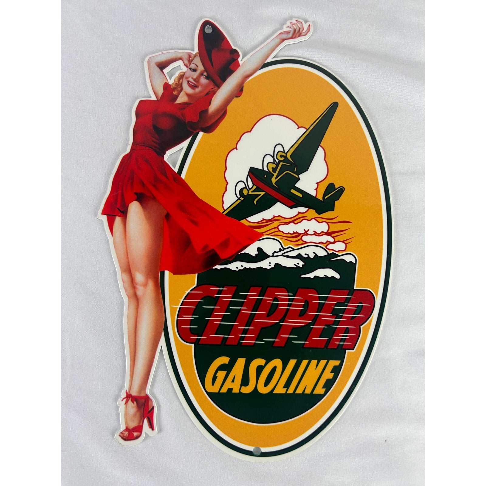 Clipper Gasoline Pin Up Girl Metal Sign Retro Aviation Gas Oil Decor