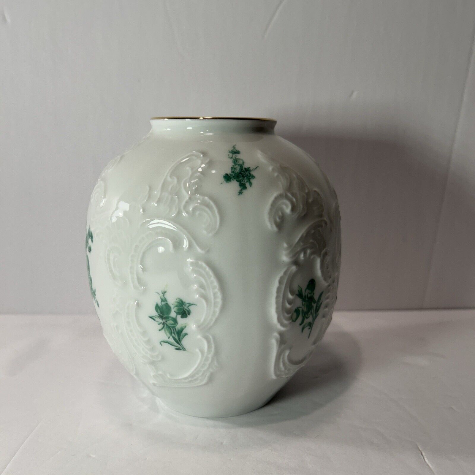 Vintage KPM Bavaria Royal Porcelain Vase Embossed Floral Green Gold Rim Germany