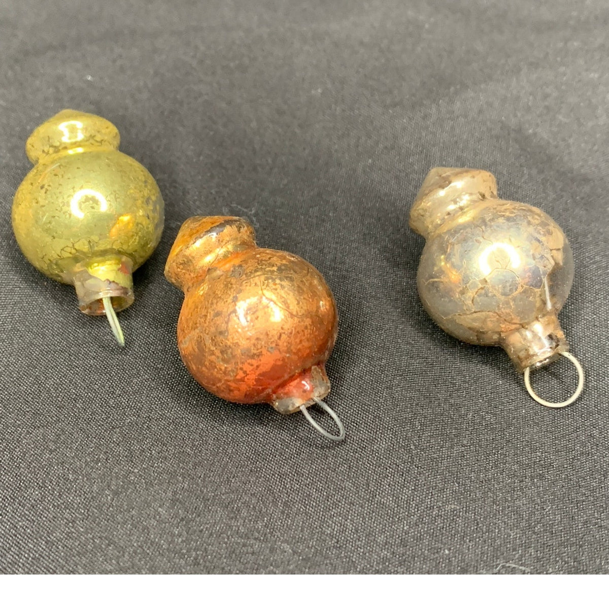 Vintage Blown Glass Christmas Ornaments Set of 3 Silver Gold Wire Hangers