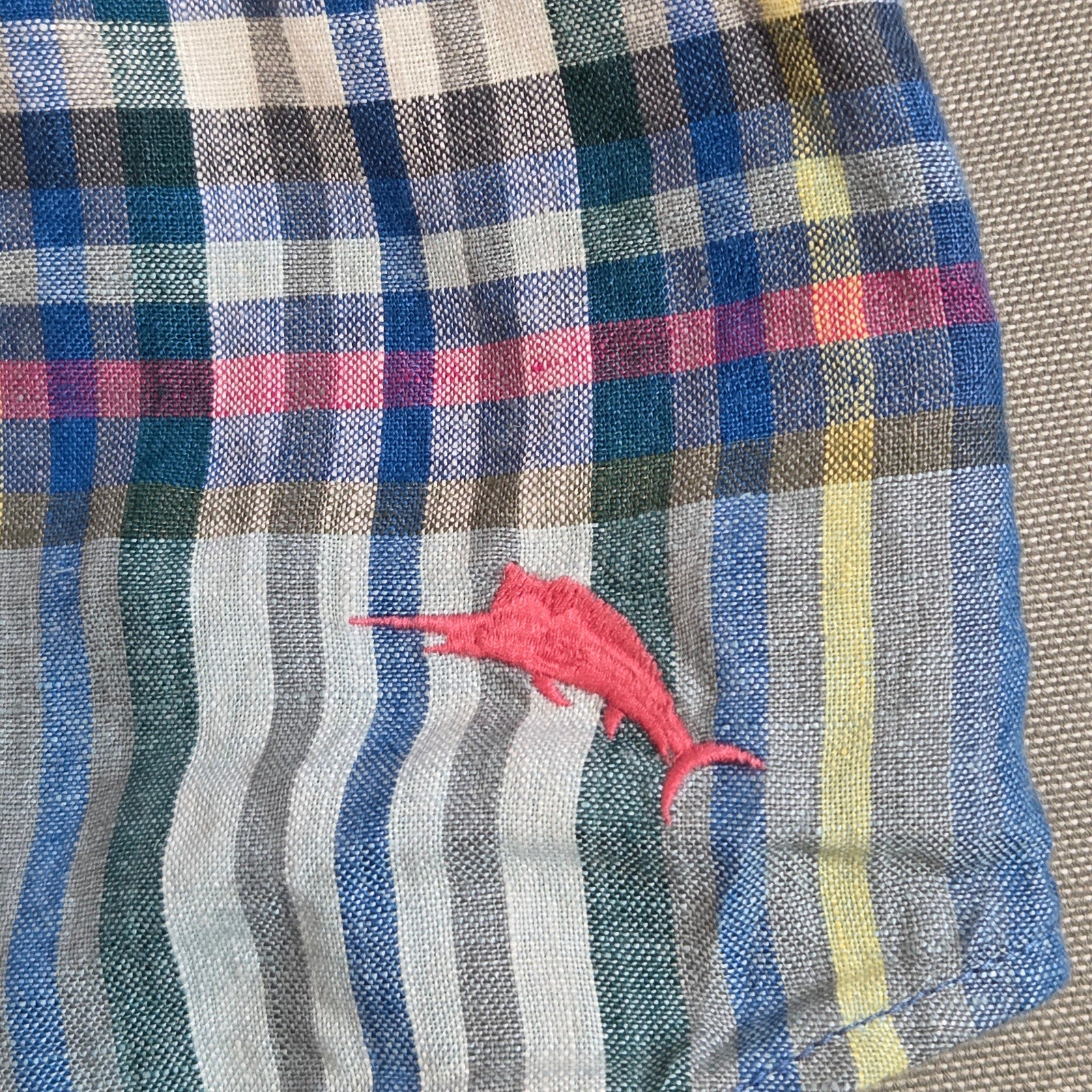Tommy Bahama Linen Plaid Shirt XL Blue Button Up Marlin Logo Long Sleeve