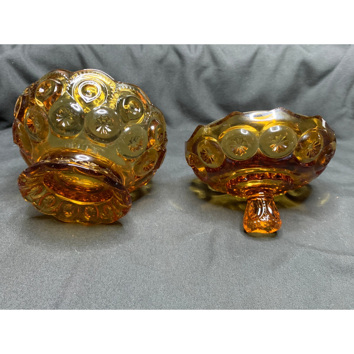 Vintage L.E. Smith Moon & Stars Amber Glass Covered Candy Dish Compote