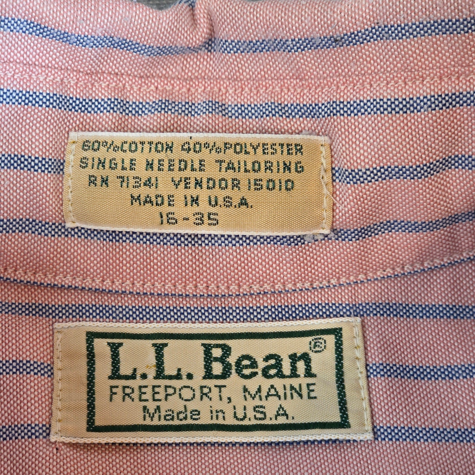 Vintage 90s L.L. Bean USA Made Pink Blue Stripe Shirt 16-35 Single Needle