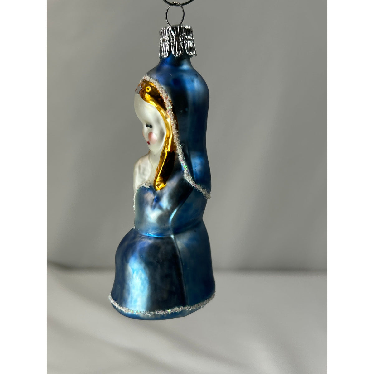 Vintage Blown Glass Virgin Mary Madonna Christmas Ornament Blue Gold 3.75"