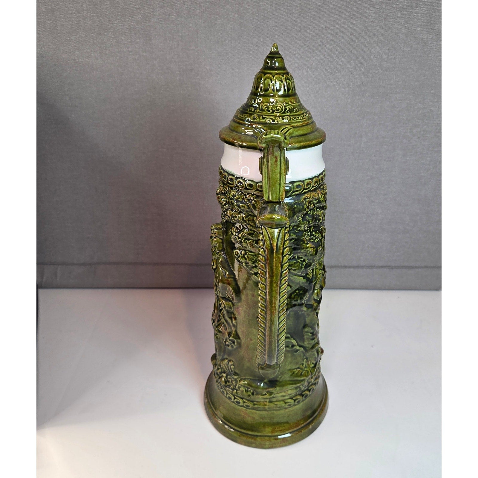 Large 17″ German Style Beer Stein Signed Sam Ceramic Relief with Lid