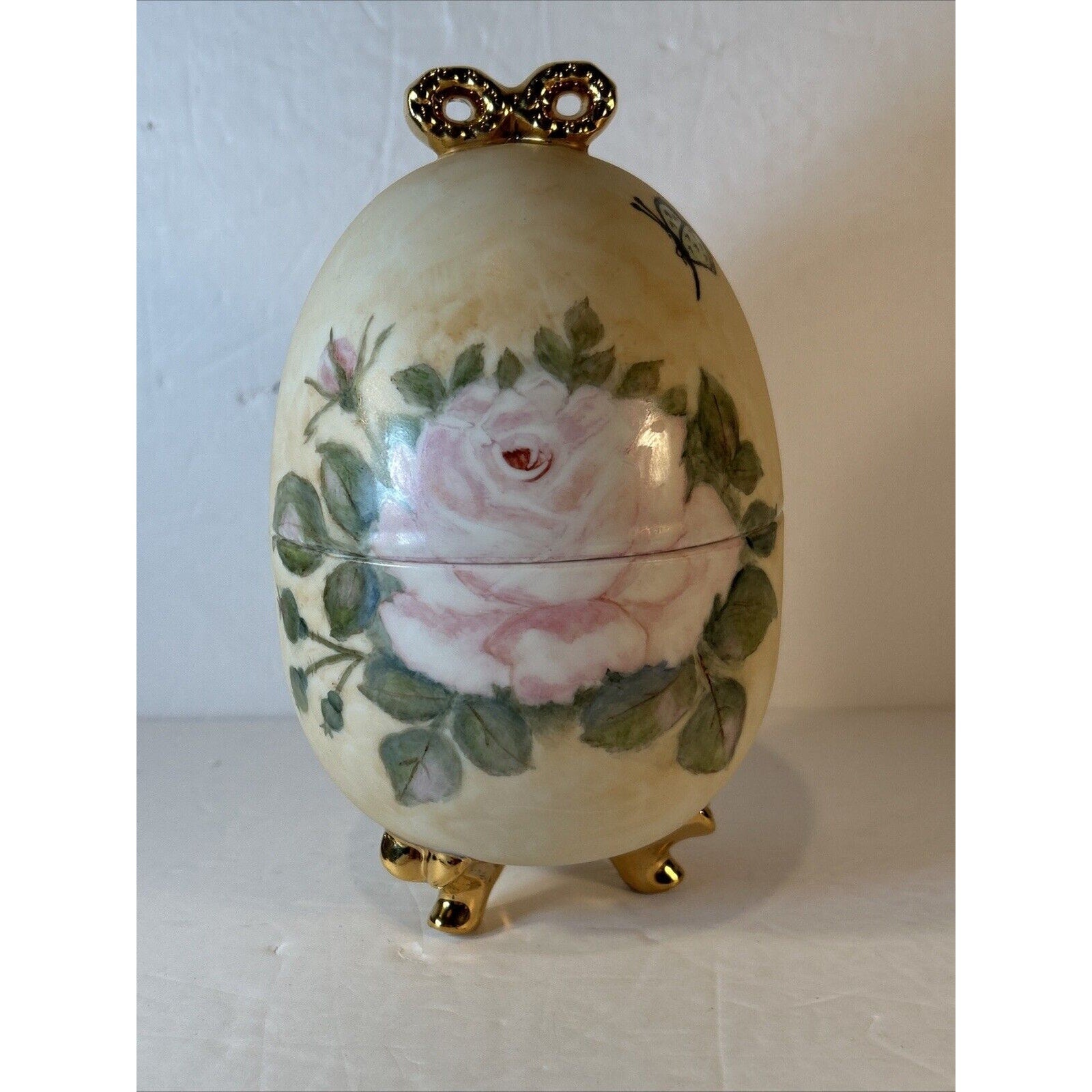 Vintage Porcelain Hand Painted Footed Egg Trinket Box Hinged Floral