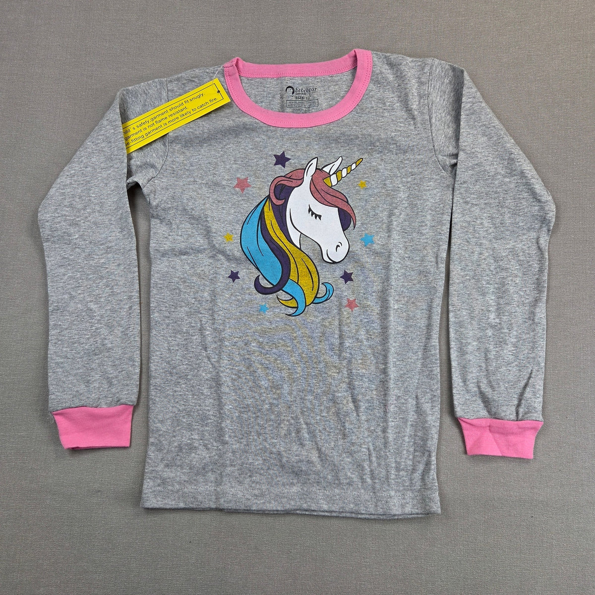 Bebebear Girls Size 10 Unicorn Pajama Set Gray Pink Cotton Snug Fit 2 Piece