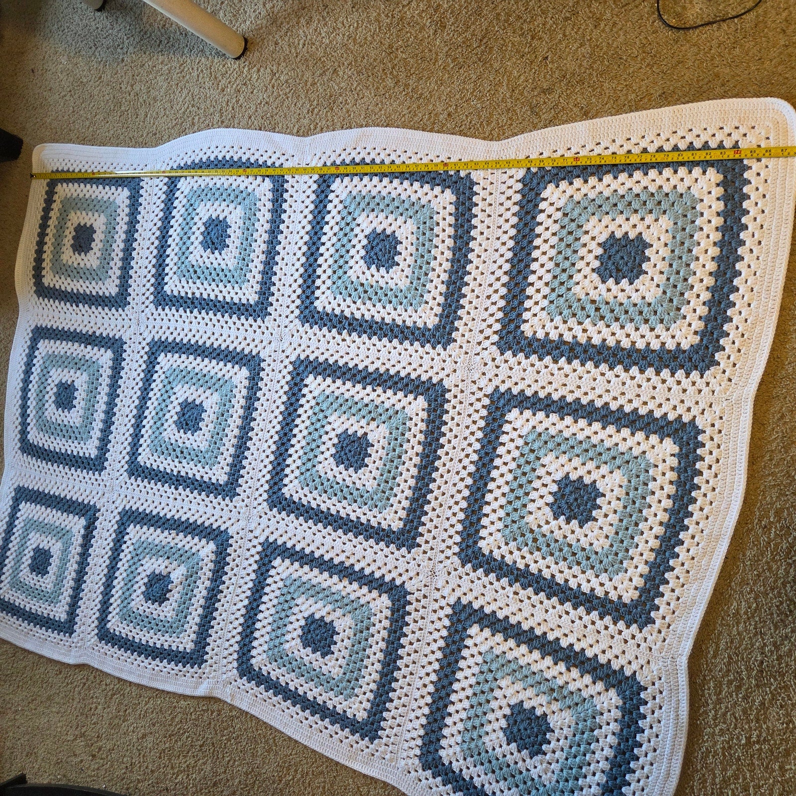 Handmade Blue White Crochet Granny Square Afghan Blanket 88x63