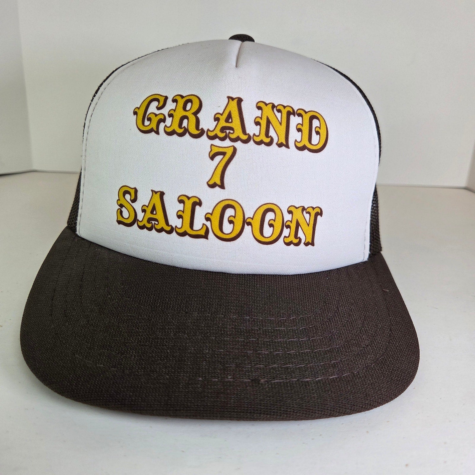 Vintage Grand 7 Saloon Foam Trucker Hat Snapback Mesh Cap Brown White Yellow
