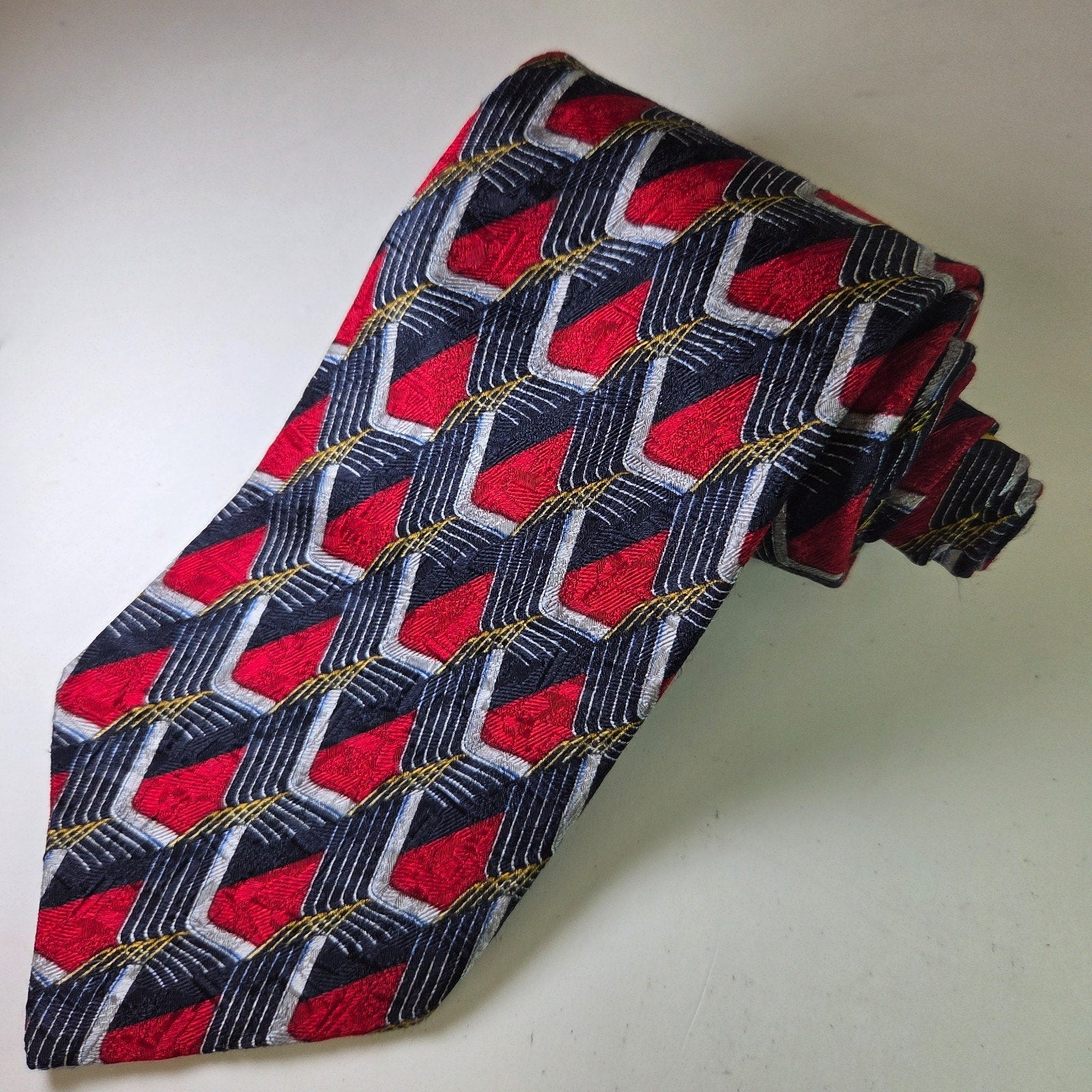 Ermenegildo Zegna Silk Tie Geometric Red Navy Gold Made in Italy 58"