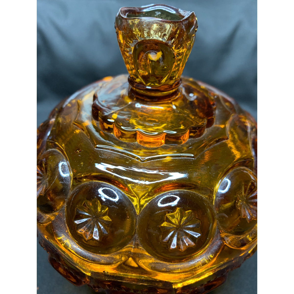 Vintage L.E. Smith Moon & Stars Amber Glass Covered Candy Dish Compote