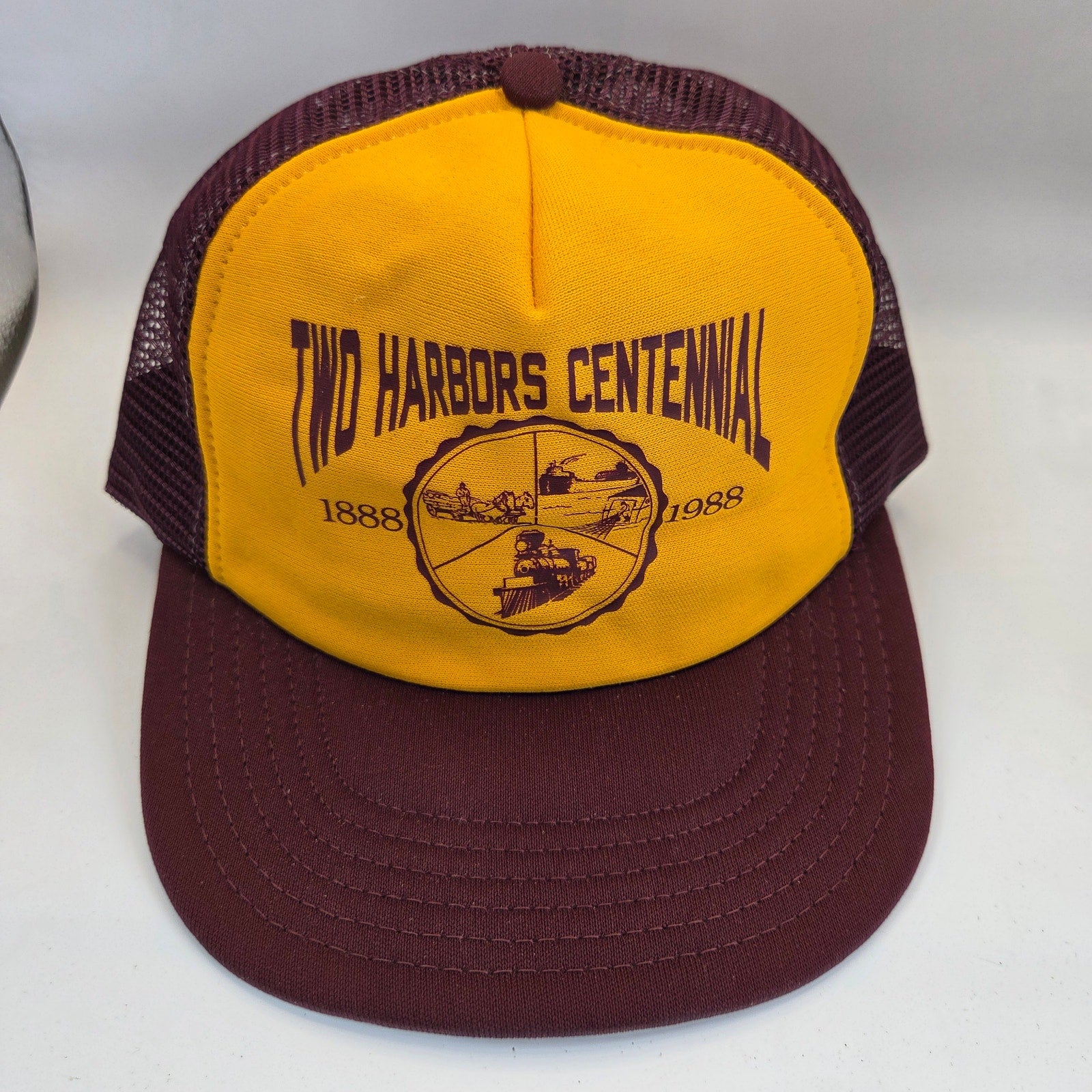 Vintage 1988 Two Harbors Centennial Snapback Trucker Hat USA Foam Mesh Cap