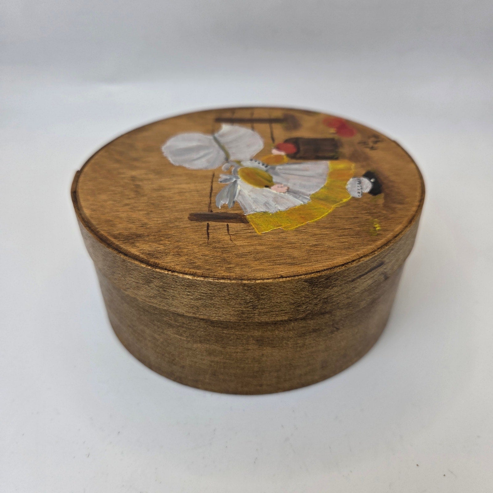 Vintage 1982 Hand Painted Wooden Cheese Box Folk Art Signed KH