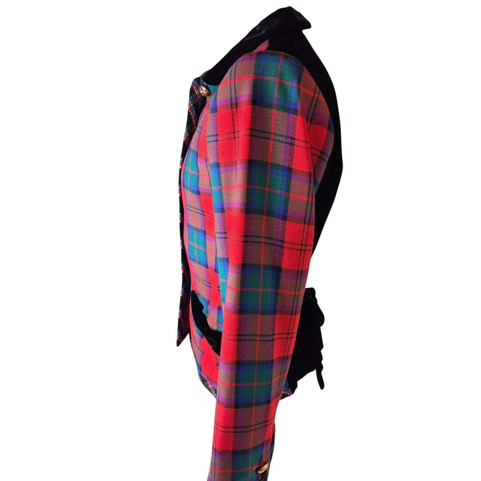 Vintage Yves Saint Laurent Rive Gauche 1994 Tartan Wool Jacket Velvet Trim FR38