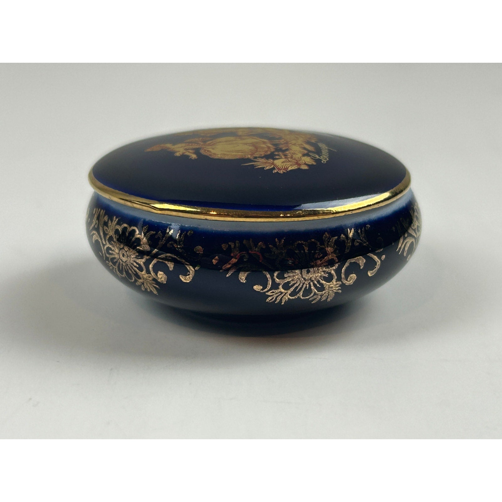 Limoges Castel Cobalt Blue Trinket Box Courting Couple 22K Gold France