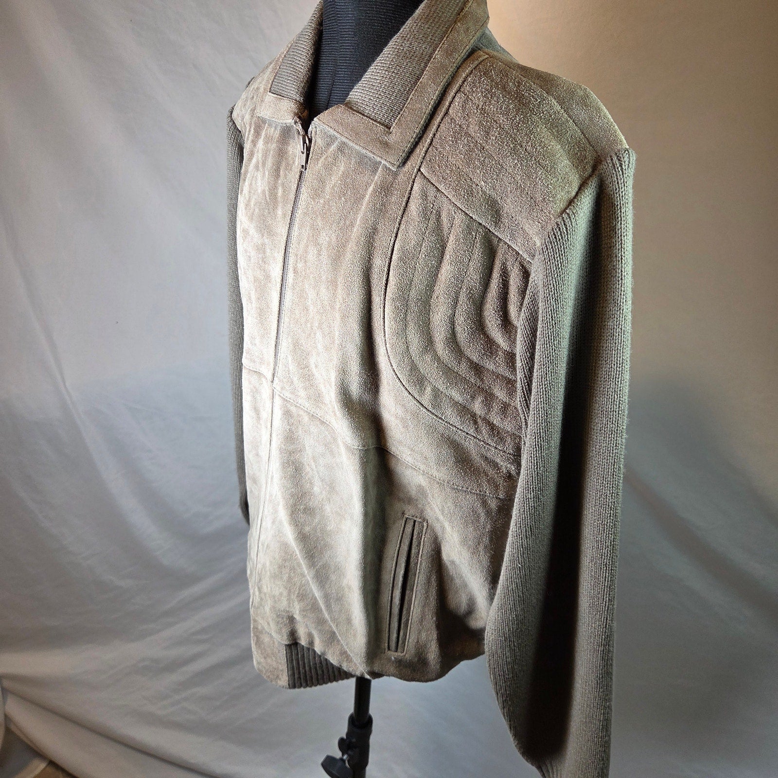 Claybrooke Cow Split Leather Knit Full Zip Sweater Jacket Men's XL Korea Vintage