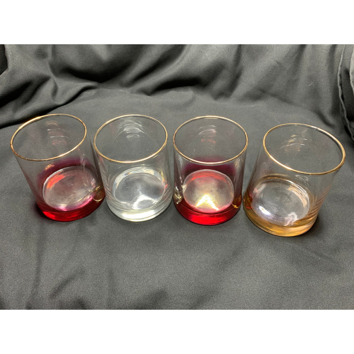 Set of 4 Gold Rim Lowball Rocks Glasses Colored Heavy Bases Barware