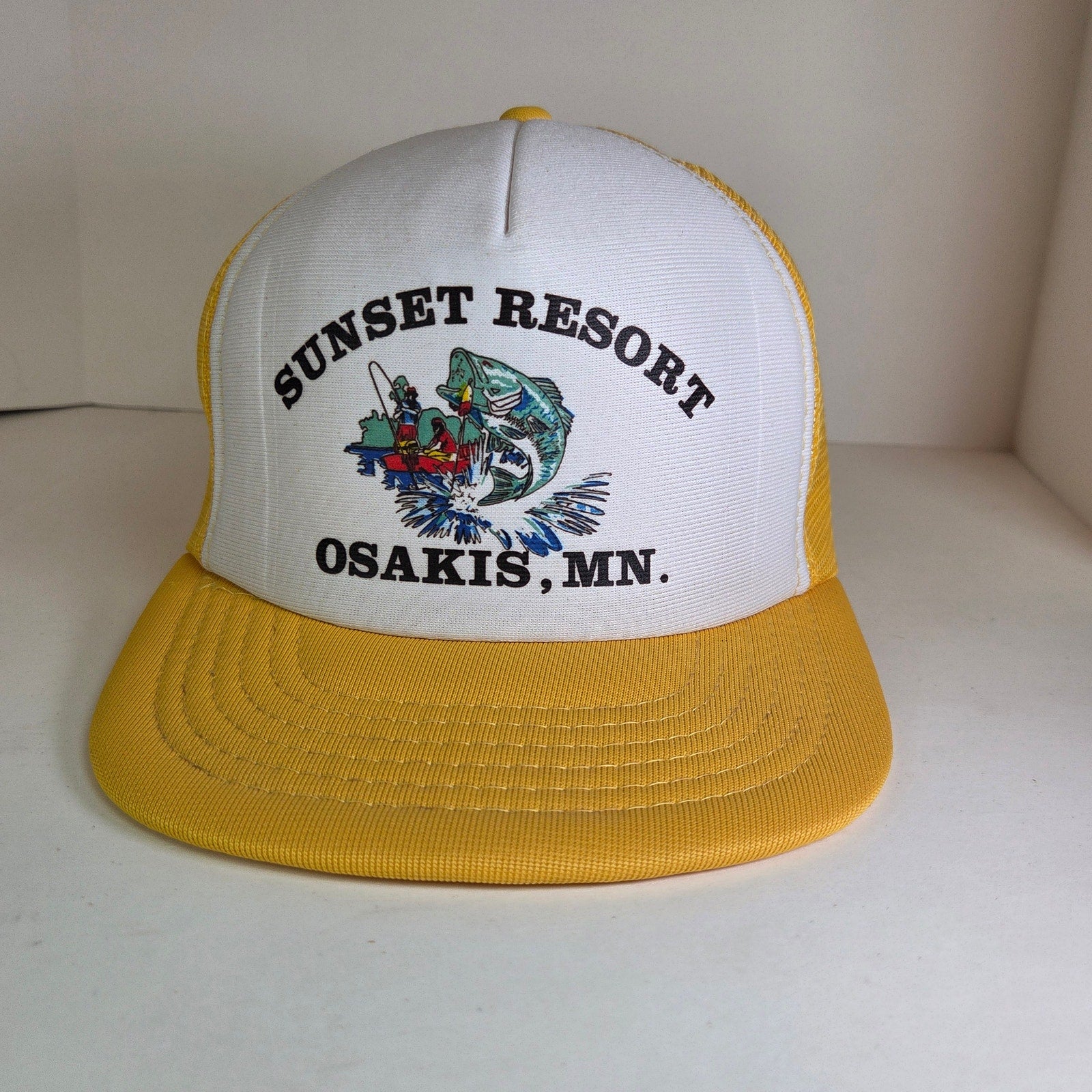 Vintage 80s Sunset Resort Osakis MN Trucker Hat Yellow White Foam Snapback