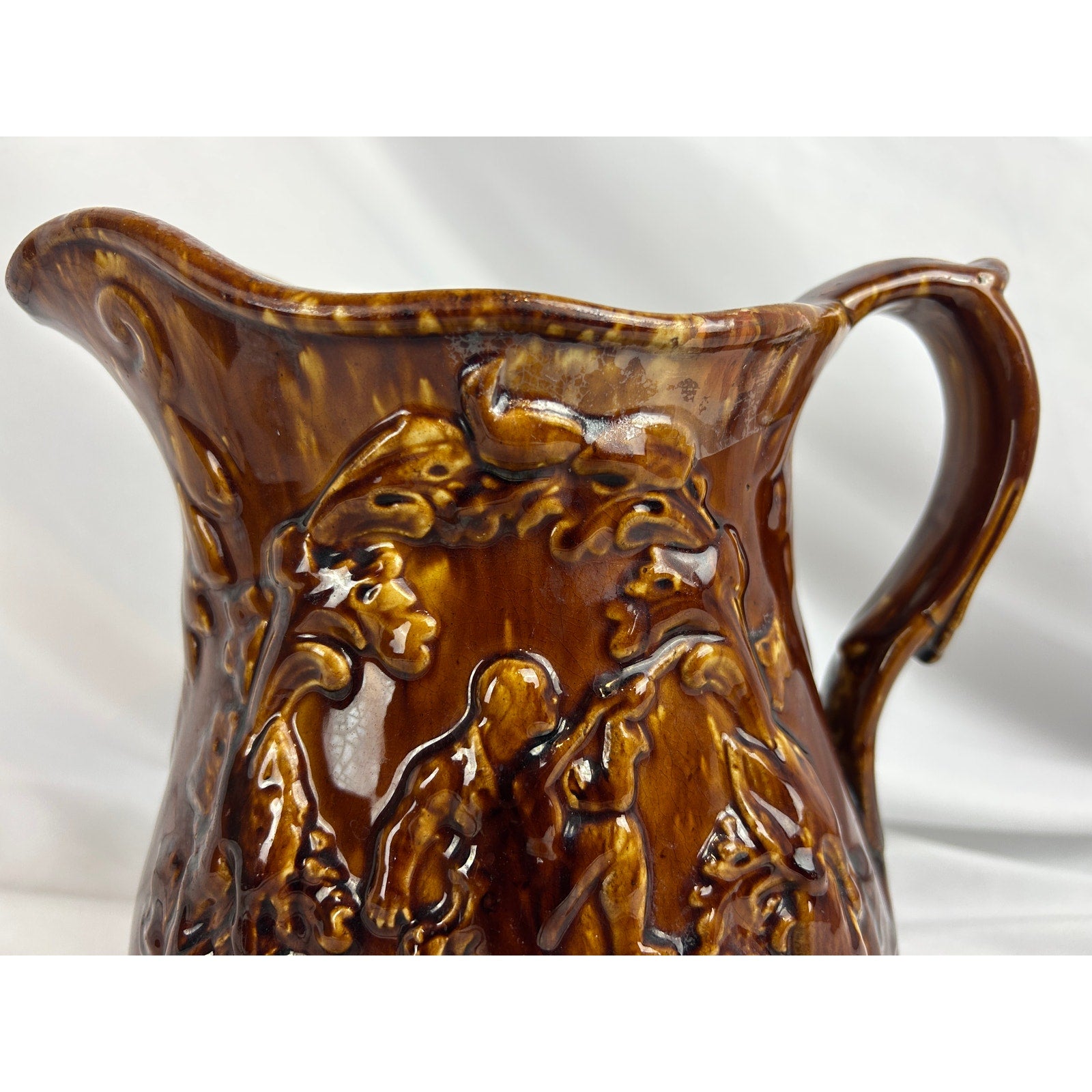 Vintage Rockingham Glaze Pitcher Relief Hunting Scene Dogs Stoneware