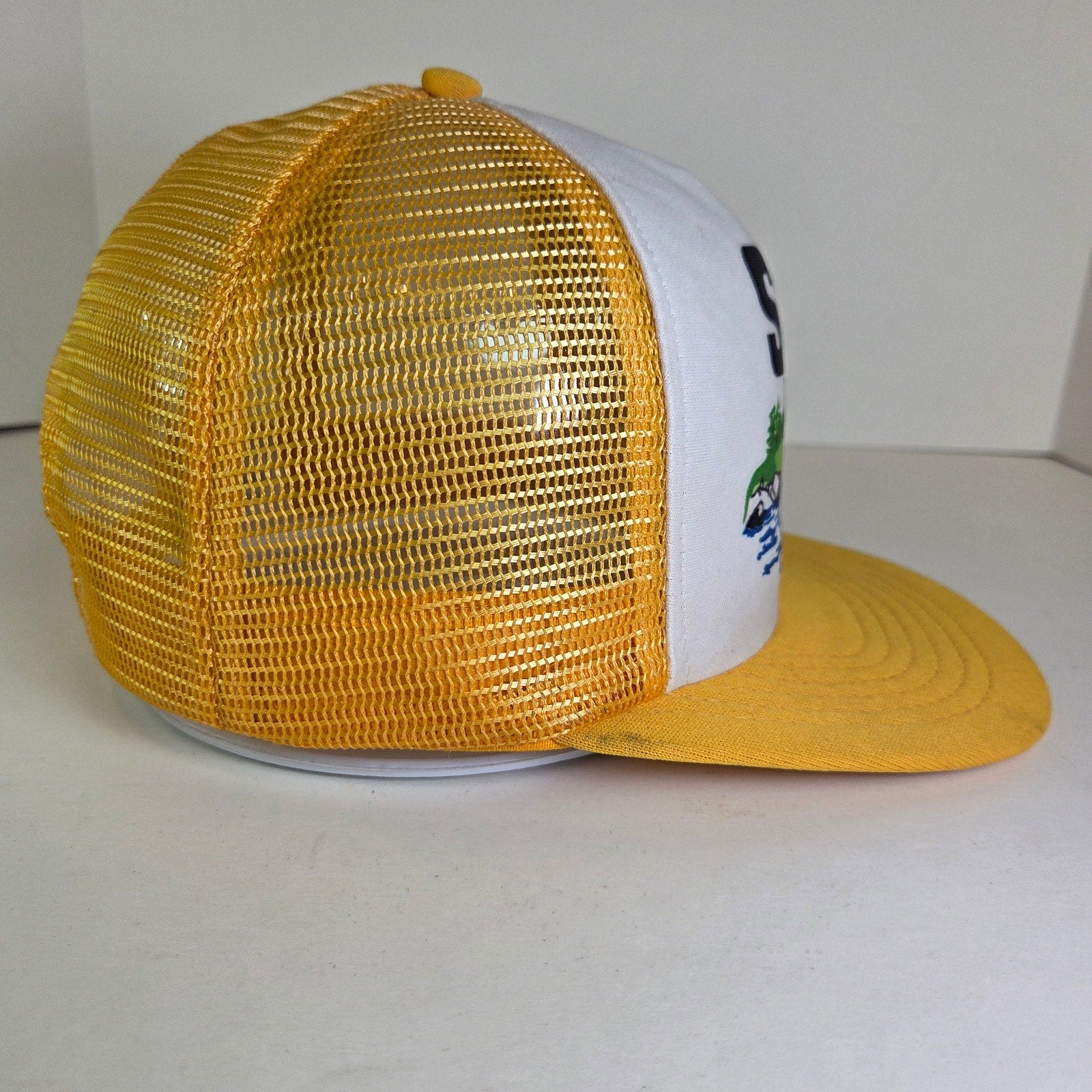 Vintage Stren Fishing Trucker Hat Mesh Snapback Yellow White Foam Front USA