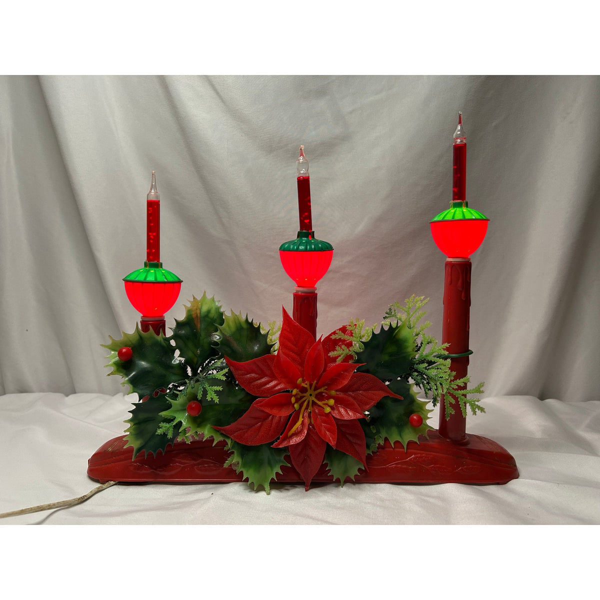Vintage 3 Bubble Light Christmas Candolier Poinsettia Holly Centerpiece Works