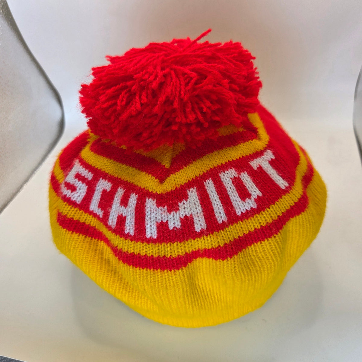 Vintage Schmidt Beer Knit Visor Stocking Cap Pom Pom Winter Breweriana
