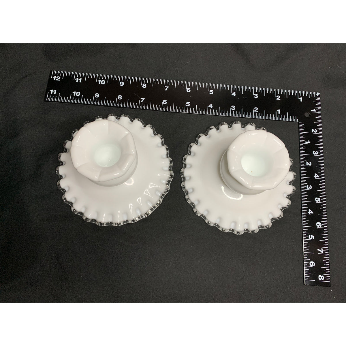Vintage Fenton Silver Crest Milk Glass Candle Holders Clear Edge Pair